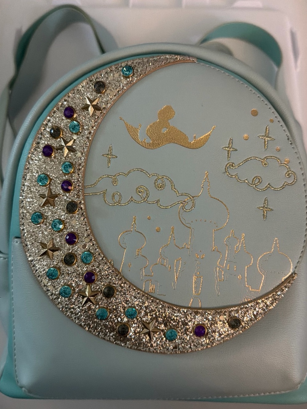Gold-Accent Moon Embroidered Light Blue Backpack Purse